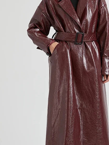 Cemani Extra Long Burgundy Pu Leather Trench Coat