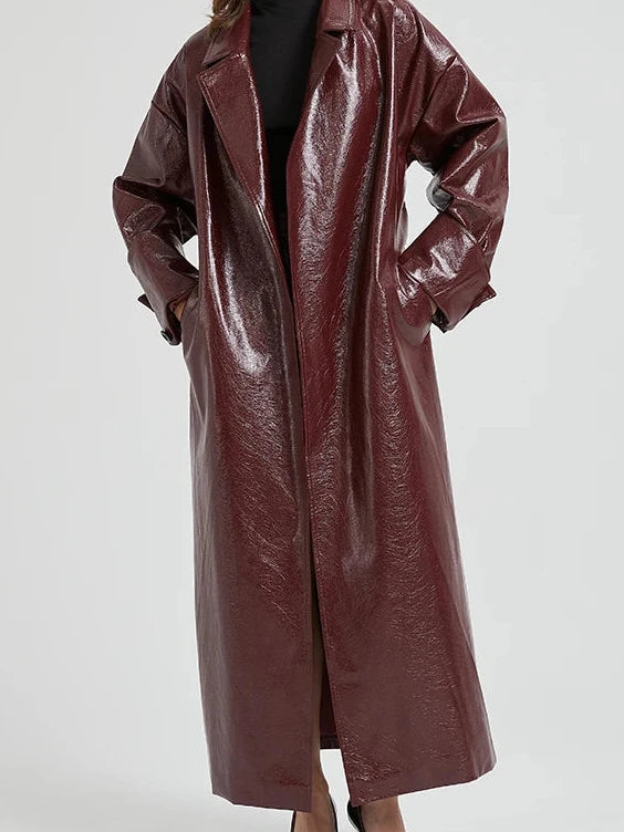 Cemani Extra Long Burgundy Pu Leather Trench Coat