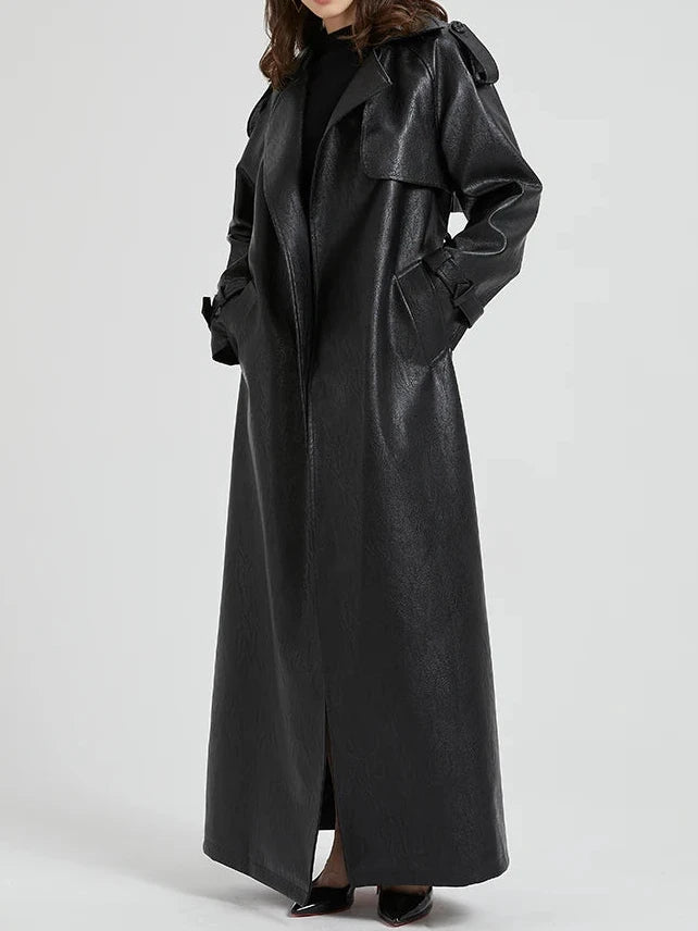 Jess Extra Long Pu Leather Trench Coat