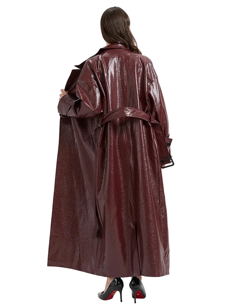Cemani Extra Long Burgundy Pu Leather Trench Coat