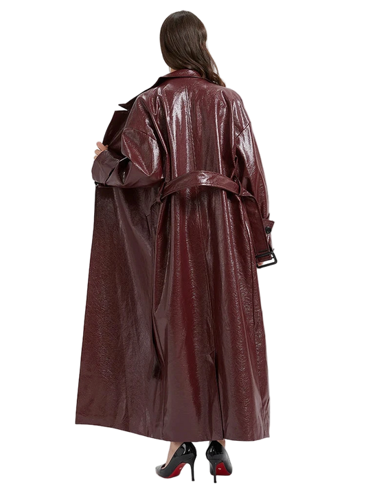 Cemani Extra Long Burgundy Pu Leather Trench Coat