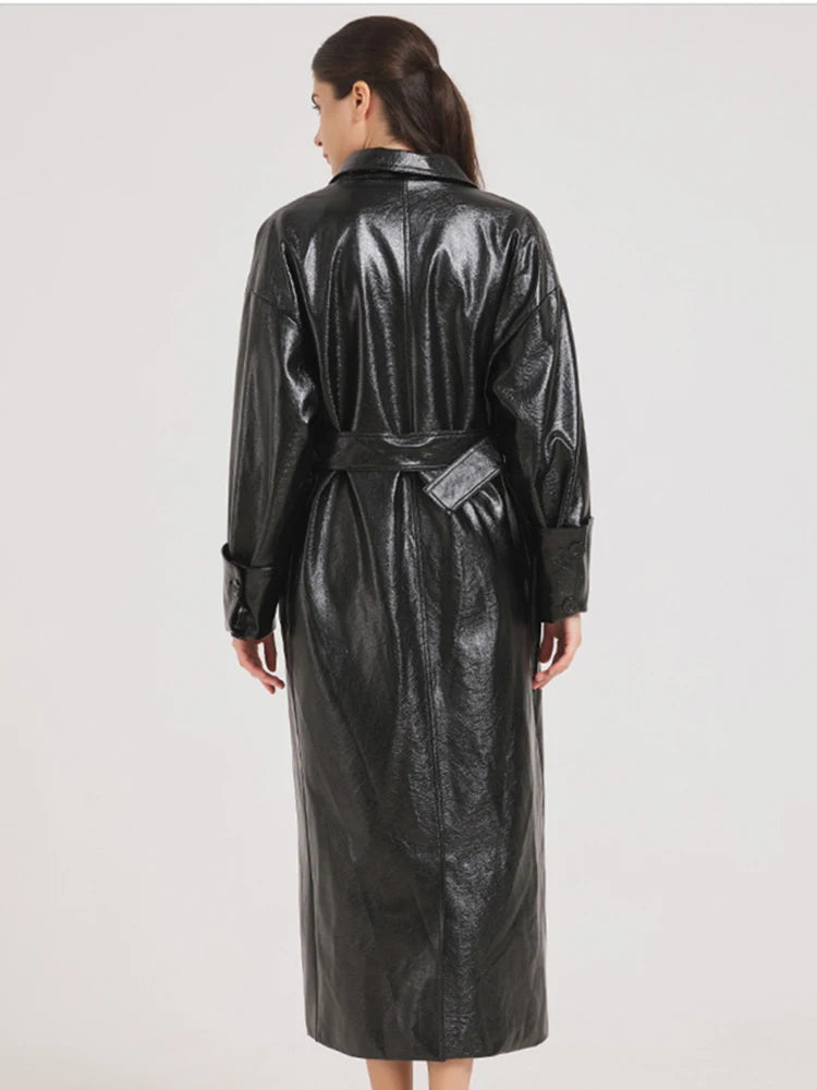 Cemani Extra Long Burgundy Pu Leather Trench Coat