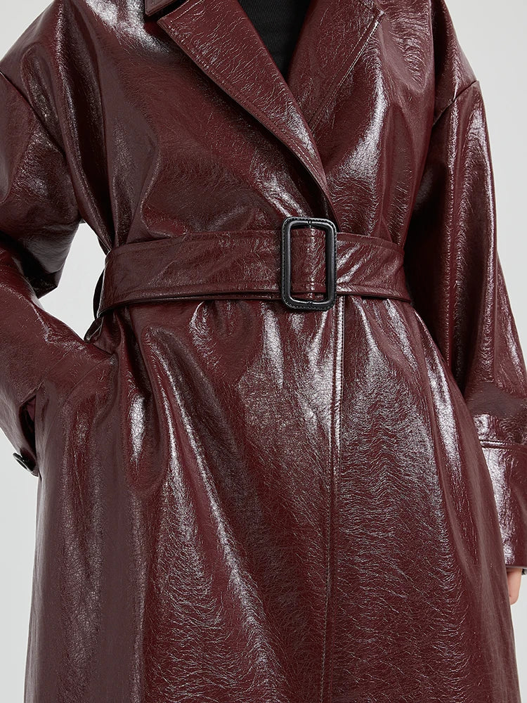 Cemani Extra Long Burgundy Pu Leather Trench Coat