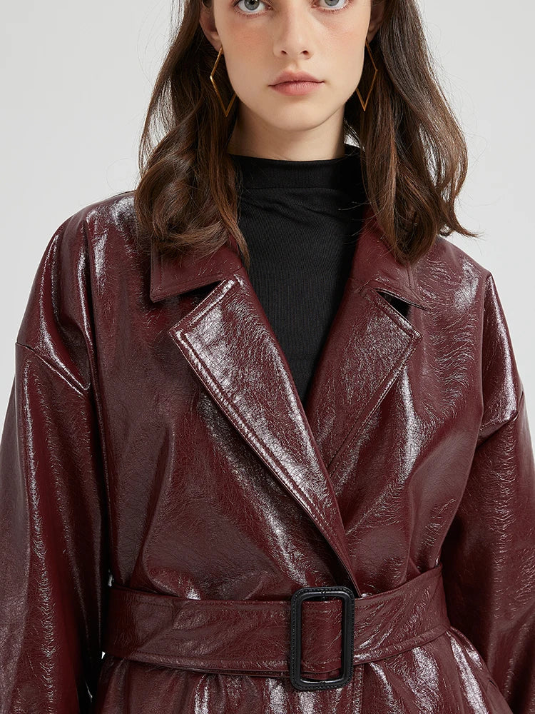 Cemani Extra Long Burgundy Pu Leather Trench Coat