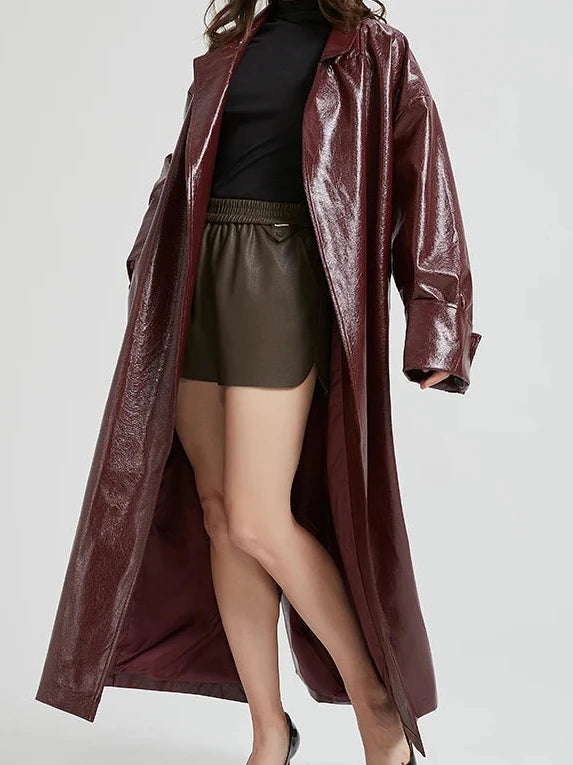 Cemani Extra Long Burgundy Pu Leather Trench Coat